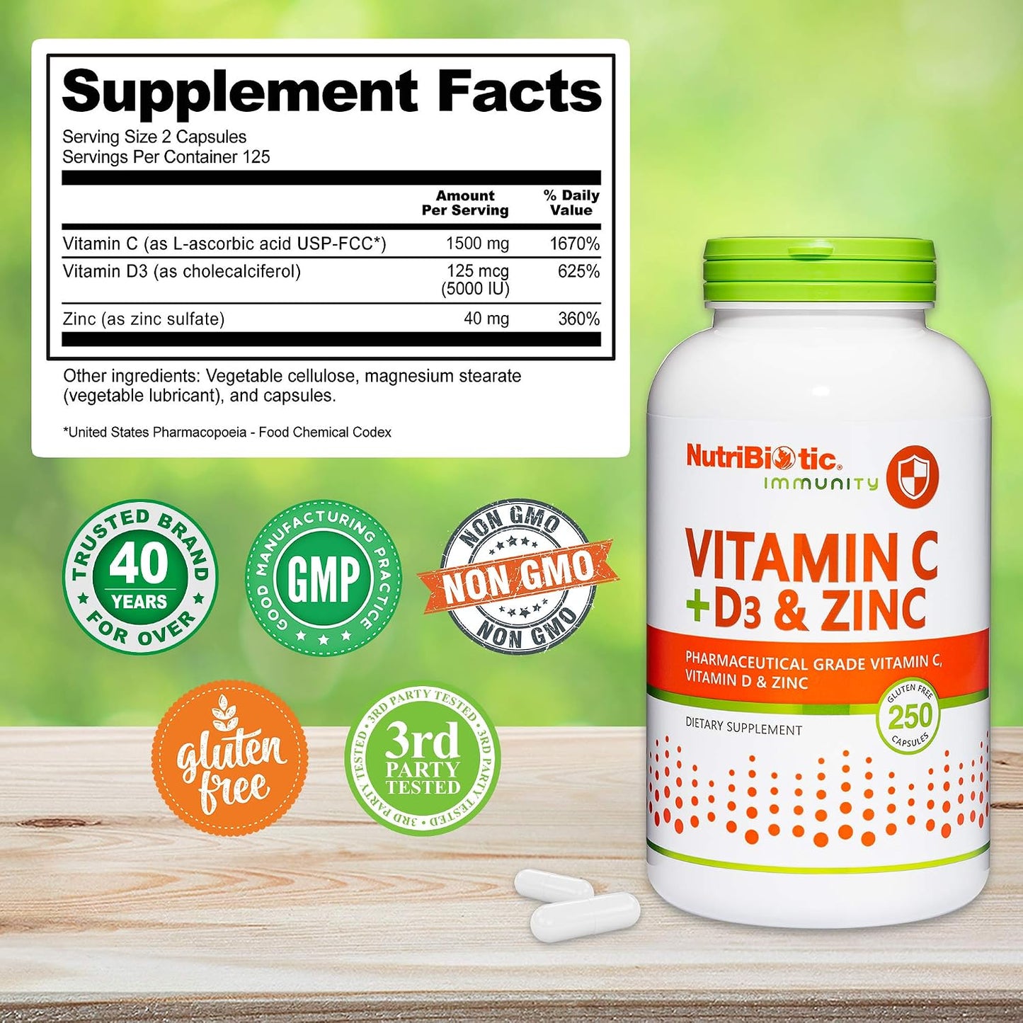 NutriBiotic Vitamin C + D3 & Zinc, 250 Capsules - görsel 3
