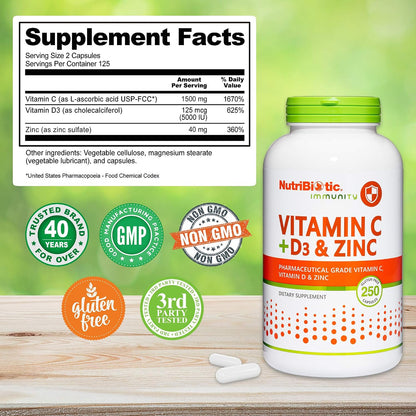 NutriBiotic Vitamin C + D3 & Zinc, 250 Capsules