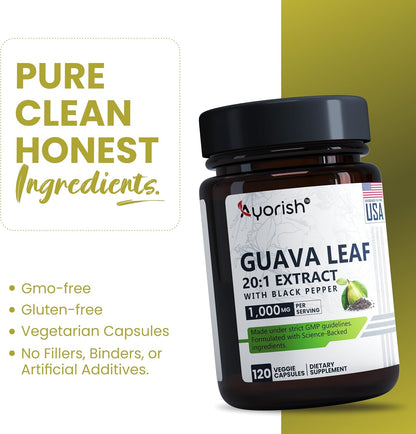 Guava Leaf Capsules 1000mg | 120 Capsules | 20:1 Extract with Black Pepper
