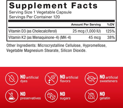 Force Factor Vitamin D3 K2 to Support Immune System, Bone Health and More, High-Potency 2-in-1 Formula, Vegan, No Gelatin, Non-GMO, 120 Capsules