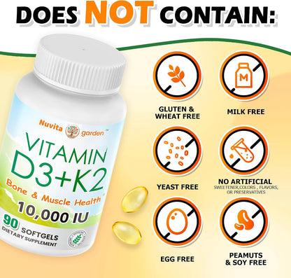 NoMiLu Vitamin D3 10000 IU + K2 (MK-7) 200 mcg - 2 Pack (180 Soft gel capsules)