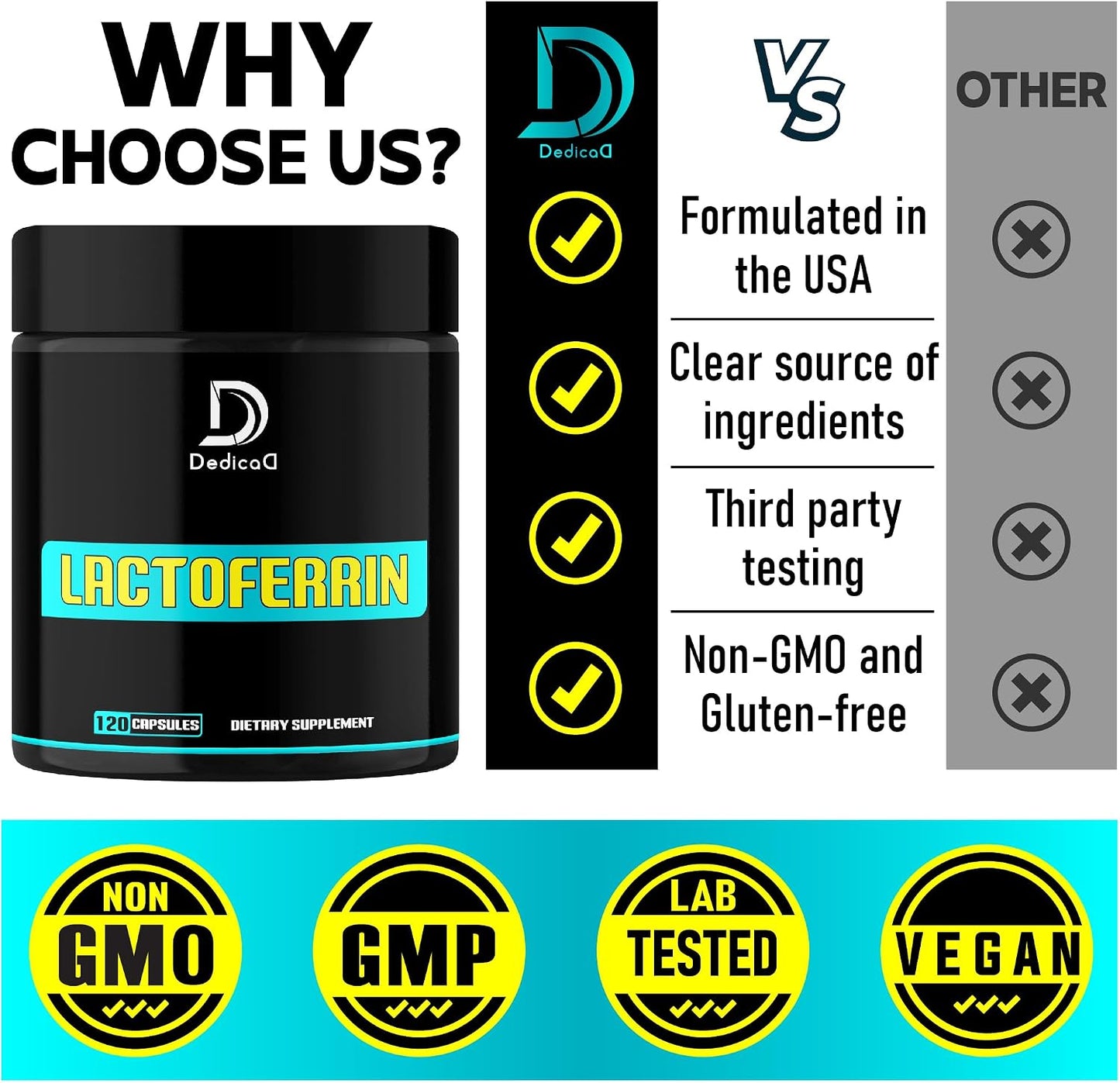 DEDICAD 500mg Lactoferrin Supplement - 120 Capsules for 2-Month Supply - görsel 4