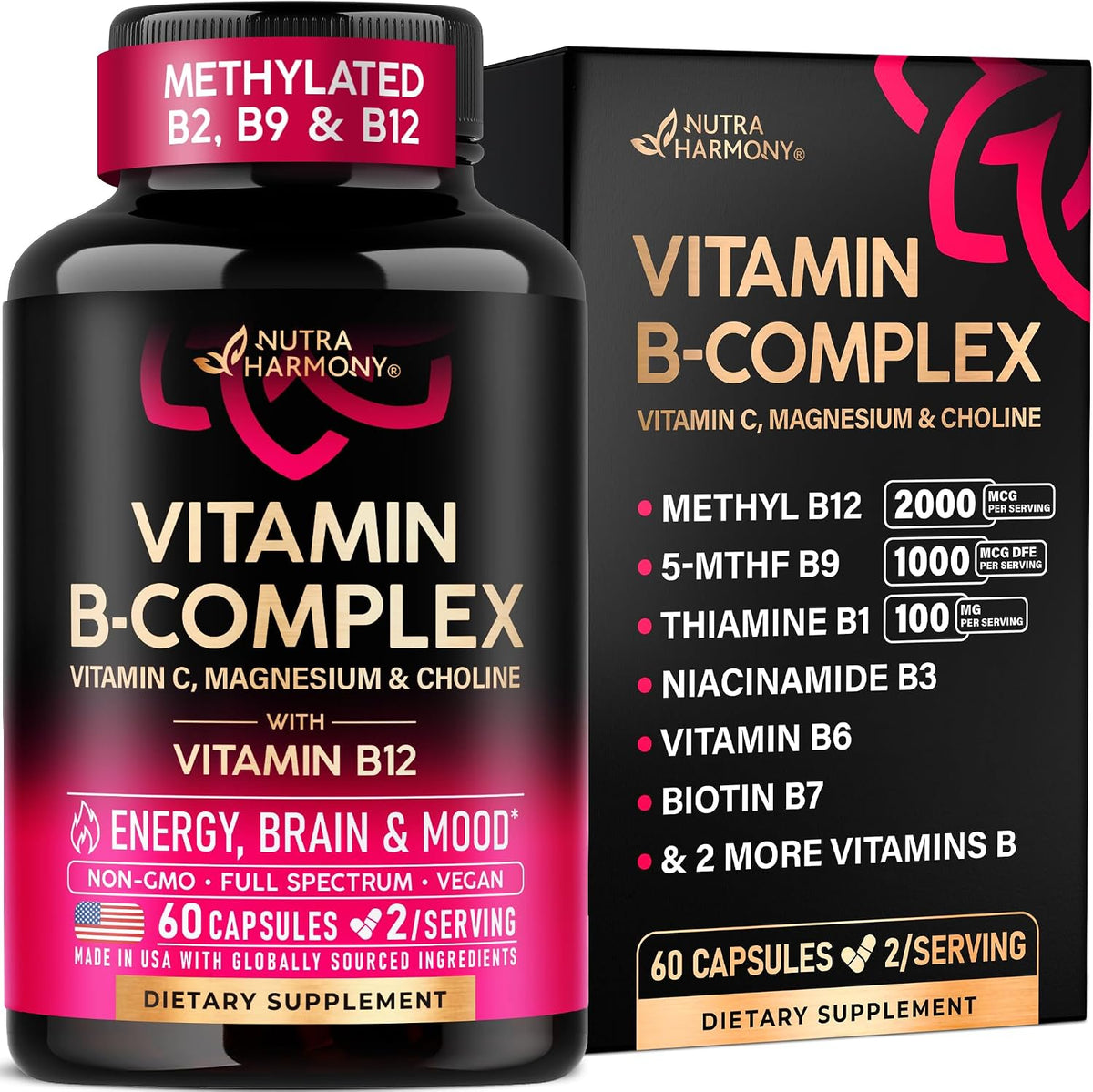 Vitamin B Complex for Men & Women - Manufactured in the USA - 11-in-1 B-Complex: B1, B2, B3, B5, B6, B7, B8, B9, B12 with Vitamin C, Choline, Inositol - Energy, Nervous System & Psychological Support Supplement, 60 Vegan Capsules - görsel 1