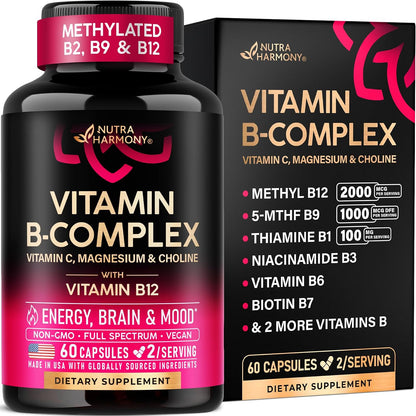 Vitamin B Complex for Men & Women - Manufactured in the USA - 11-in-1 B-Complex: B1, B2, B3, B5, B6, B7, B8, B9, B12 with Vitamin C, Choline, Inositol - Energy, Nervous System & Psychological Support Supplement, 60 Vegan Capsules