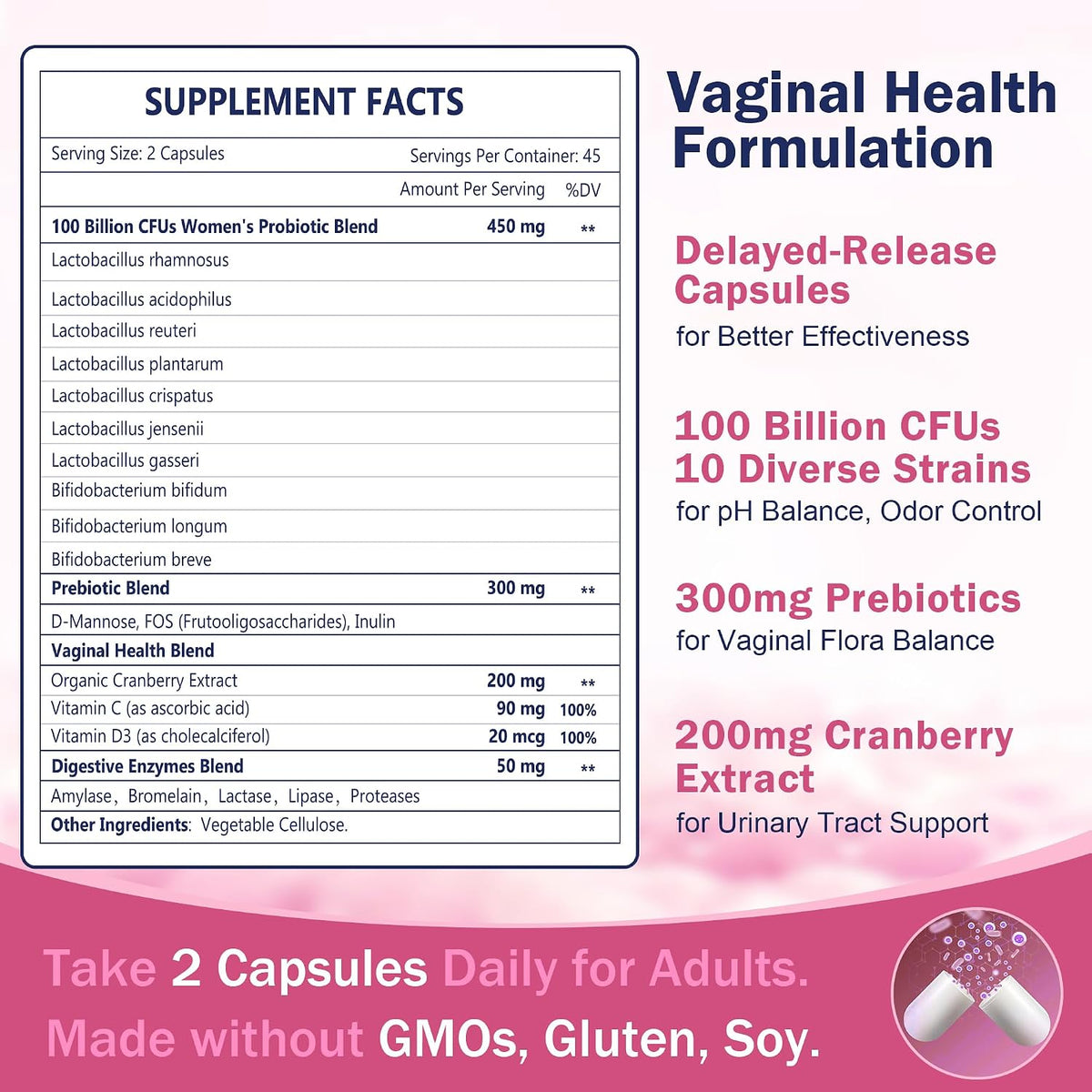 Vaginal Probiotics for Women – 100 Billion CFUs with Prebiotics, Digestive Enzymes, Cranberry & D-Mannose – Supports pH Balance & Urinary Tract Health – 90 Capsules - görsel 6