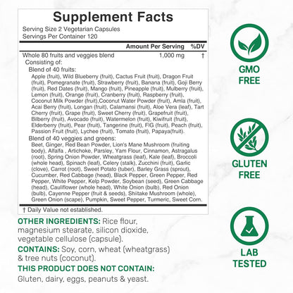 Nature’s Fruits & Veggies Supplement, 240 Veggie Capsules – 80 Whole Food Superfoods for Daily Balance – Non-GMO, Gluten-free