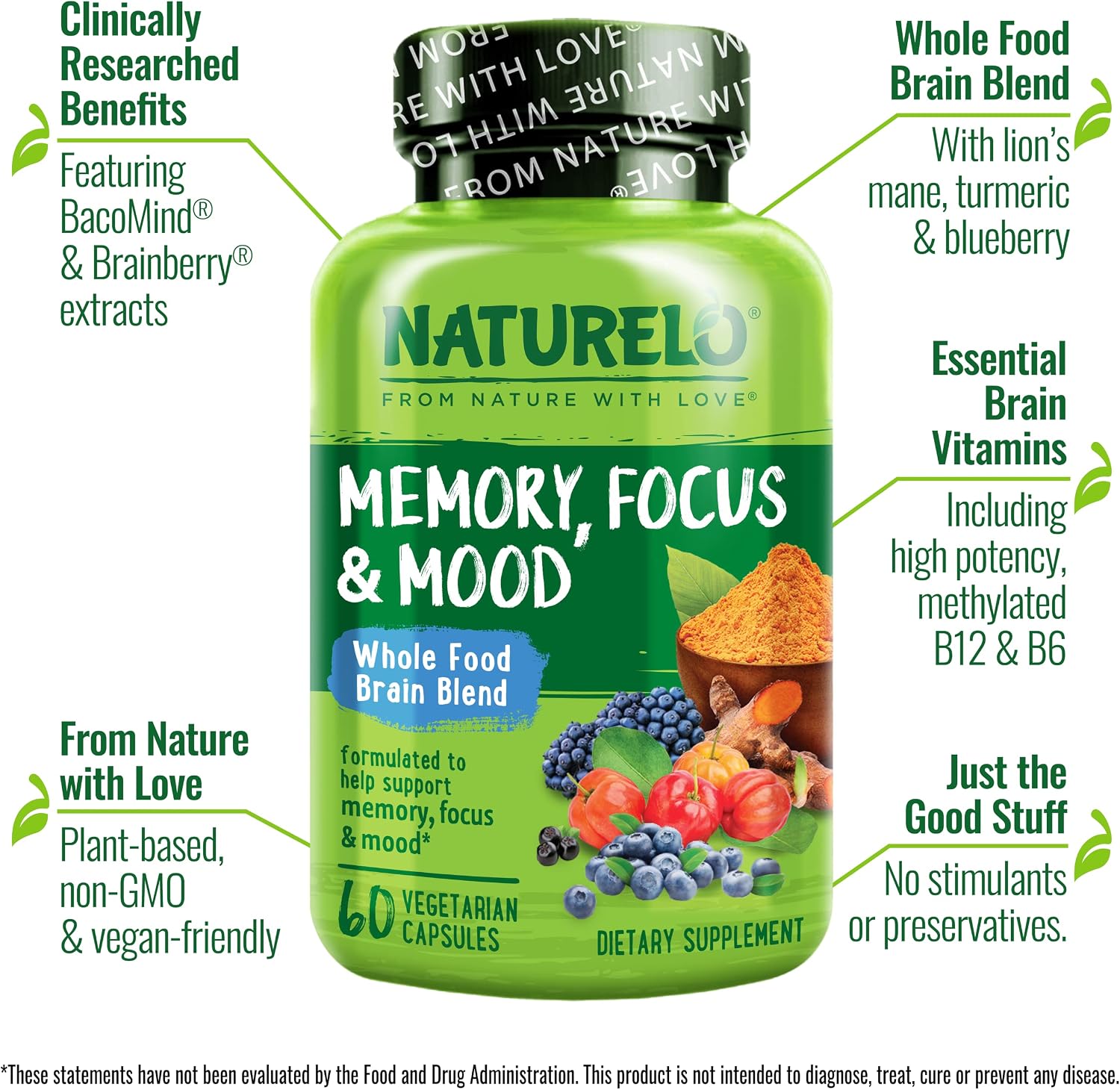 NATURELO Whole Food Brain Supplement for Memory and Concentration Support (Pack of 2) - görsel 2