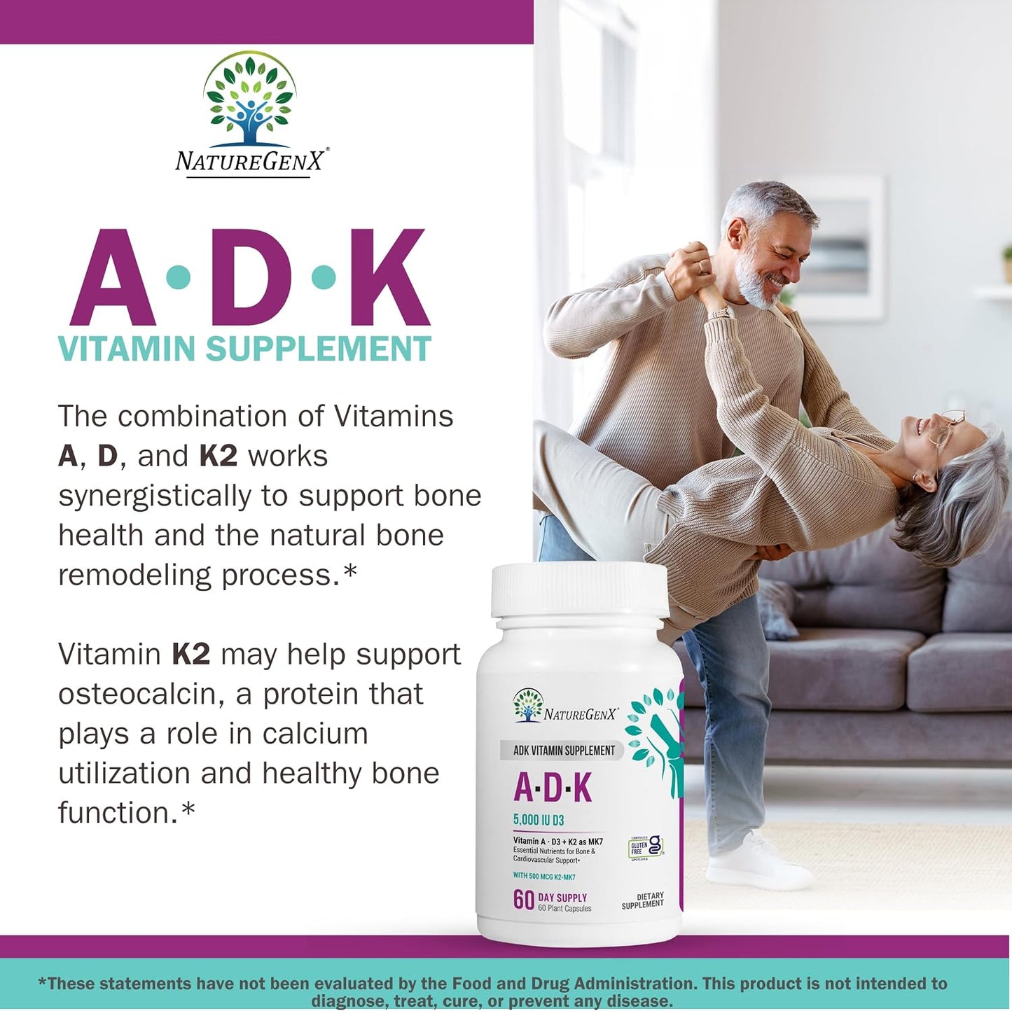 NatureGenX ADK Vitamin Supplement – Vitamins A, D3 & K2 MK-7 – 120 Capsules (2-Pack) - görsel 3
