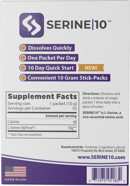SERINE10 L-Serine Nootropics Sachets - Supports Brain Health, Memory and Focus - 10 Premeasured Powder Sachets with 10 g (10000 mg) of Pure L-Serine