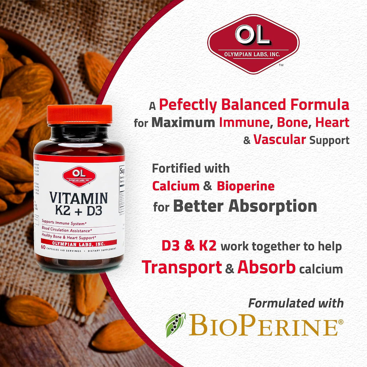 Olympian Labs Vitamin K2 + D3, 60 Vegan Capsules - Supports Bone, Immune & Heart Health - görsel 8