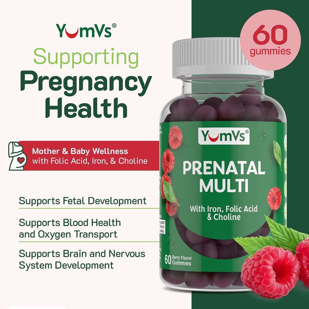 YumVs Prenatal Gummies for Women – with Folic Acid, Iron & Choline – 60 Gummies - görsel 2