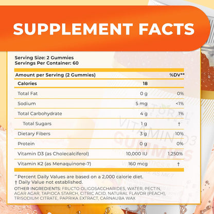 Vitamin D3 10,000 IU & Vitamin K2 (MK-7) Gummies – Extra-Strength, Sugar-Free – Bone, Joint, Immune and Heart Support – Non-GMO, Gluten-free – 60 Gummies