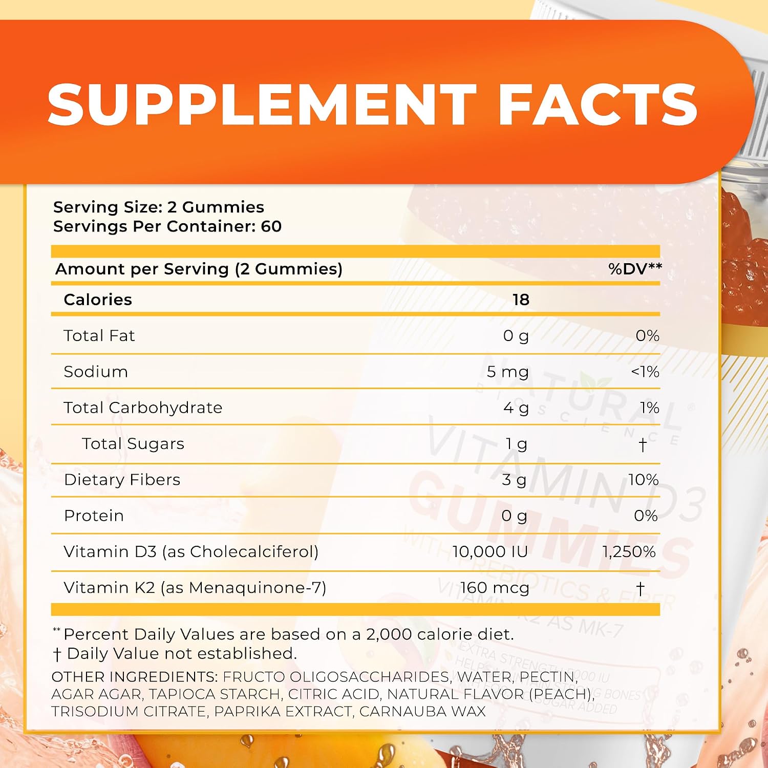 Natural BioScience Vitamin D3 10,000 IU & K2 Gummies for Adults – Sugar-Free, Peach Flavour, 120 Gummies - görsel 5