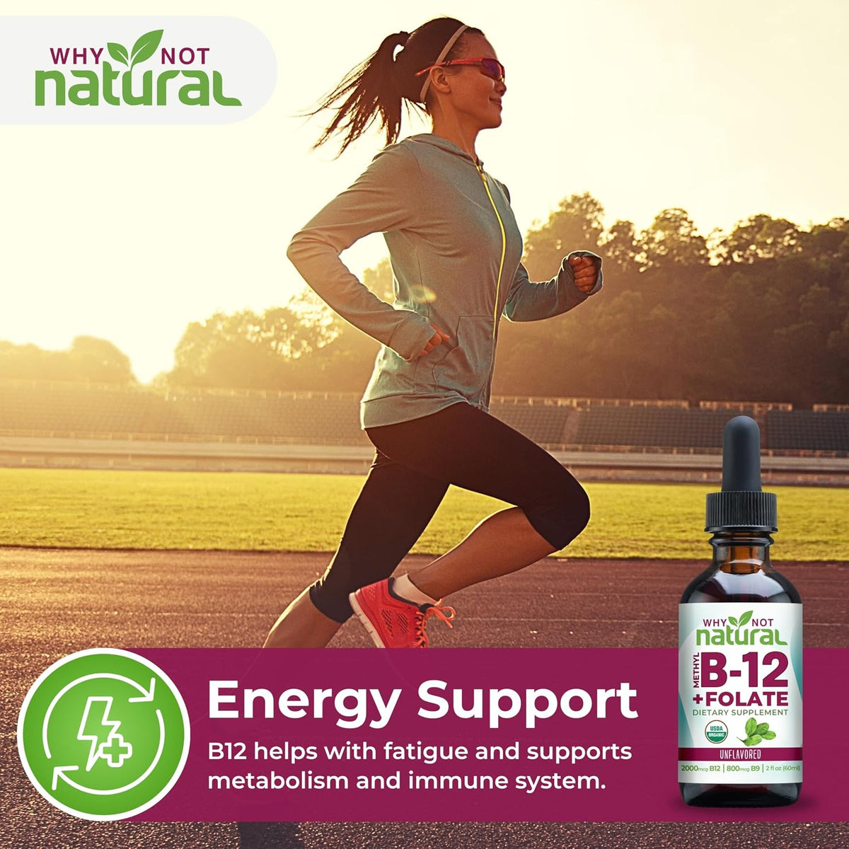 Why Not Natural Vitamin B12 Liquid Plus Folate – Organic Sublingual Extra Strength Vegan Drops – with Methylcobalamin and Folinic Acid - görsel 2
