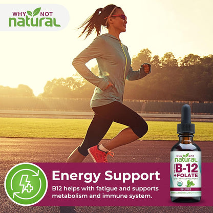 Why Not Natural Vitamin B12 Liquid Plus Folate – Organic Sublingual Extra Strength Vegan Drops – with Methylcobalamin and Folinic Acid
