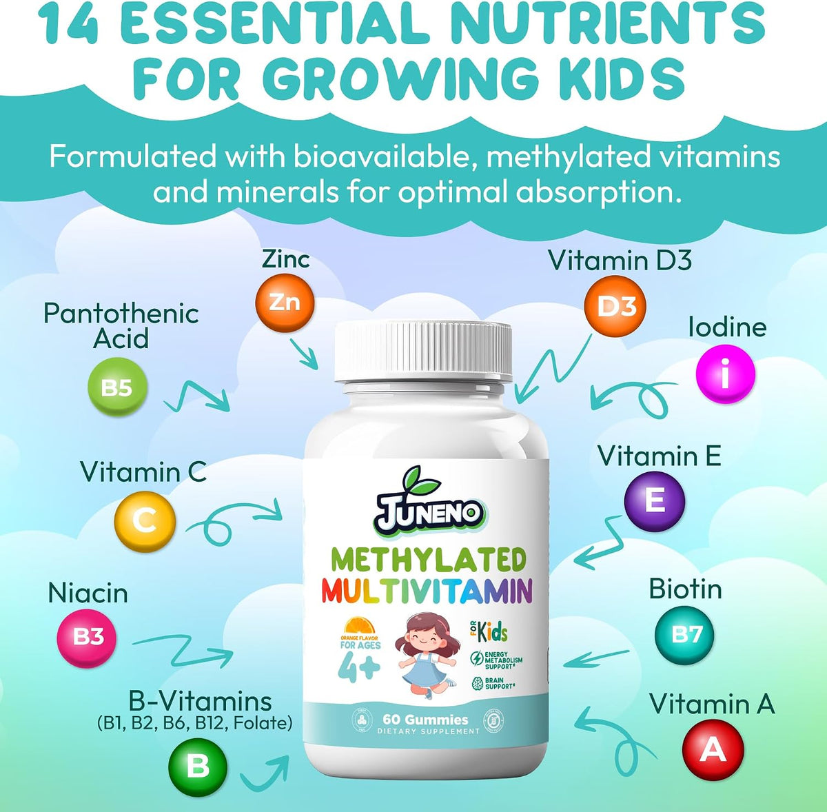 Juneno Methylated Multivitamin Gummies for Kids - MTHFR Support with B Complex, 5-MTHF Folate, B12, Vitamins A C D3 E - Vegan, Gluten-free, Sugar-Free - görsel 4