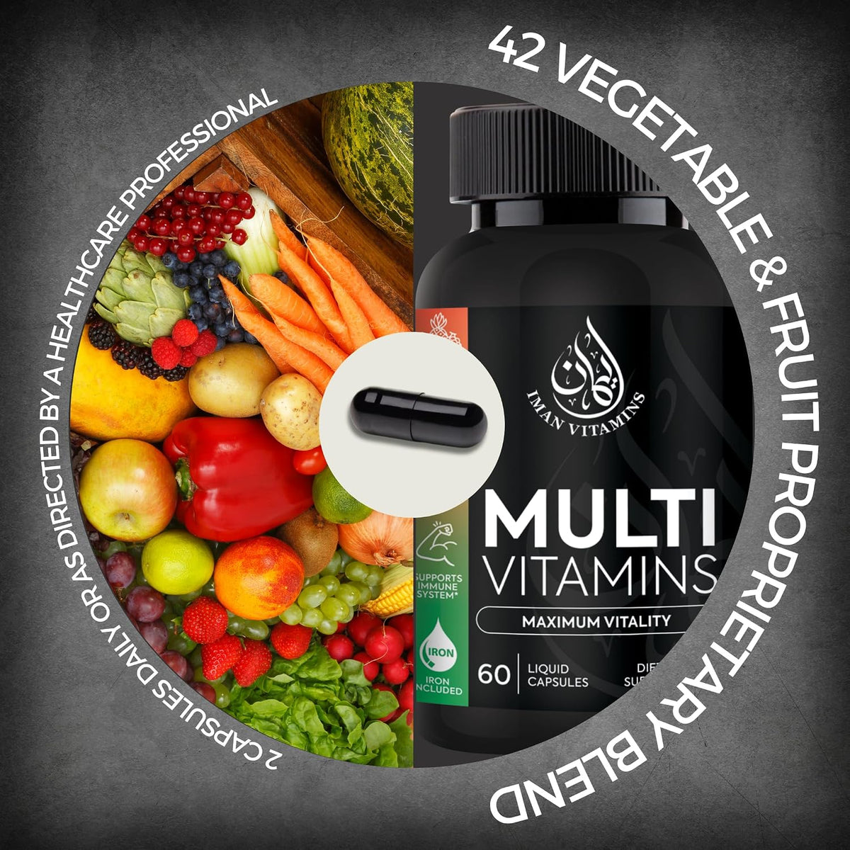 Halal Complete Multivitamin Capsules for Adults Men & Women | 42 Fruit & Vegetable Blend with Iron, Zinc, CoQ10, Folic Acid, and Vitamin A, B1, B3, B6, B12, C, D3, E | 60 Capsules - görsel 3