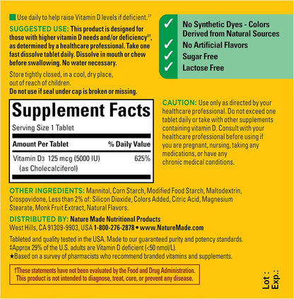 Nature Made Vitamin D3 5000 IU Extra Strength Fast Dissolve Tablets - Immune & Bone Support, 70 Tablets