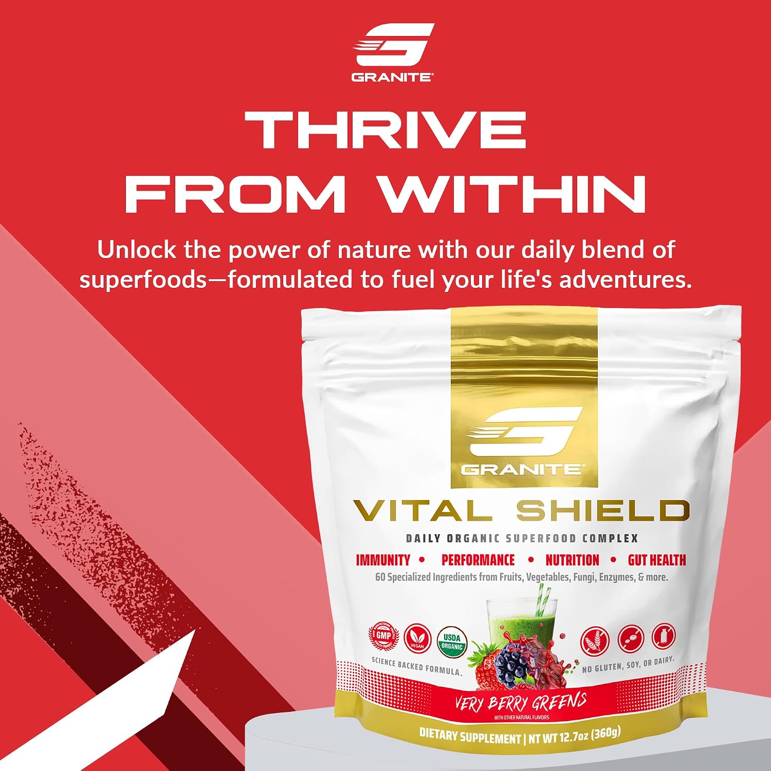 Granite Nutrition Vital Shield - USDA Organic Superfood Greens with Mushrooms & Tart Cherry for Energy, Immunity & Gut Health - Very Berry (30 Servings) - görsel 2