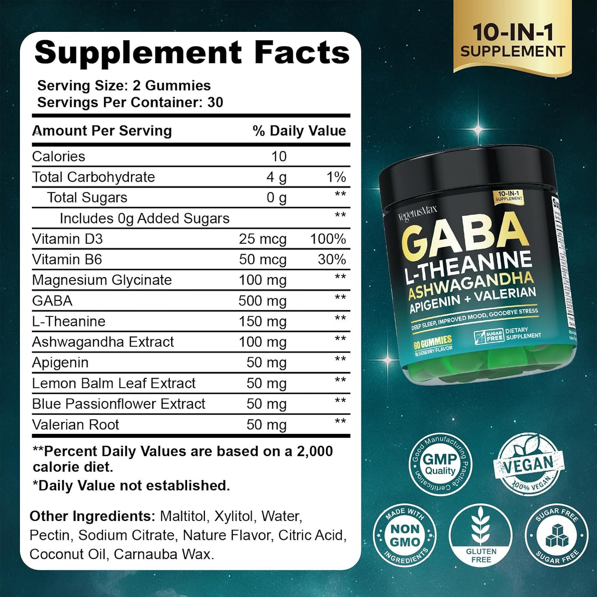 GABA Gummies 500mg for Stress Support, Relaxation, Melatonin-Free Calm Gummies with L-Theanine, Ashwagandha, Magnesium & Valerian Root – 60 Count - görsel 2