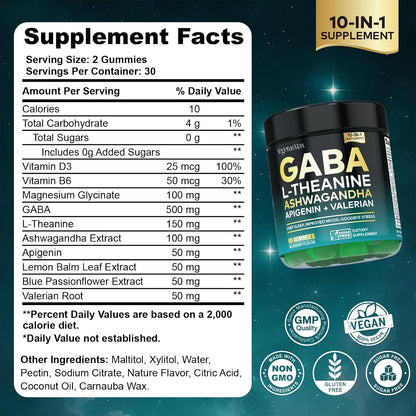 GABA Gummies 500mg for Stress Support, Relaxation, Melatonin-Free Calm Gummies with L-Theanine, Ashwagandha, Magnesium & Valerian Root – 60 Count