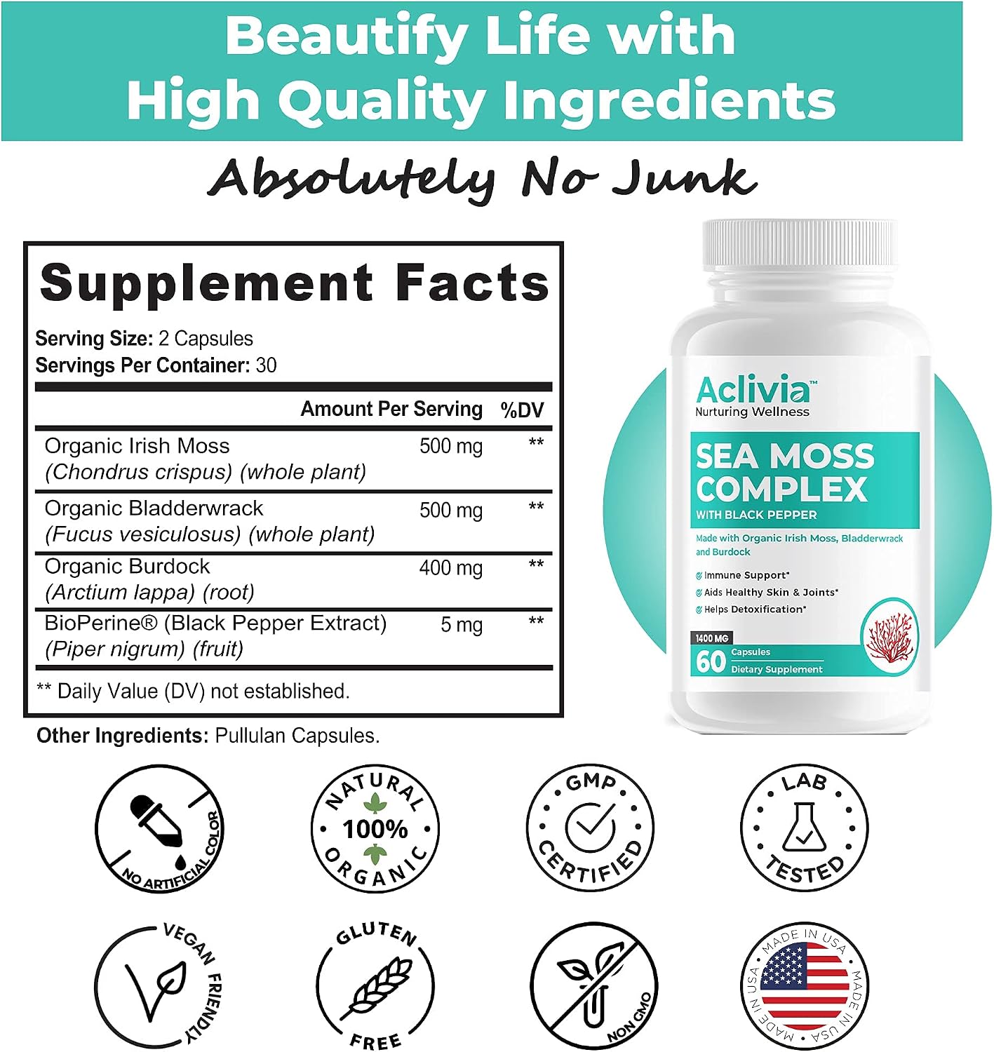 Organic Irish Sea Moss Capsules with Bladderwrack & Burdock Root - 102 Minerals - Non-GMO - 60 Count - görsel 5