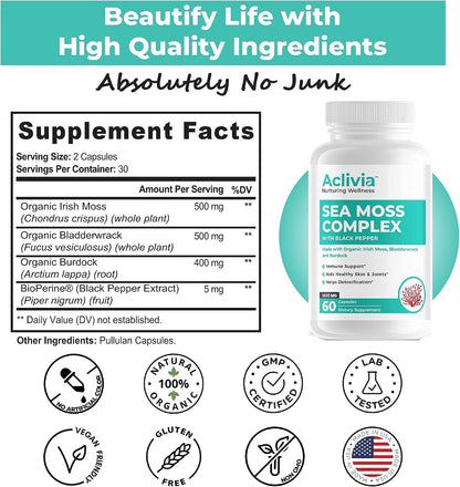 Organic Irish Sea Moss Capsules with Bladderwrack & Burdock Root - 102 Minerals - Non-GMO - 60 Count
