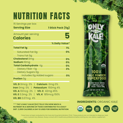 OnlyKale™ Kale Powder – 1 Month Supply (15 Sticks) – Organic Green Superfood – USDA Organic, Clean Greens for Smoothies & Juices, Single-Serving Sticks