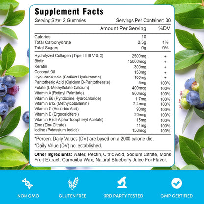Vazatisi Biotin Gummies with Collagen & Keratin for Hair, Skin & Nails – 2 Pack (120 Blueberry Gummies)