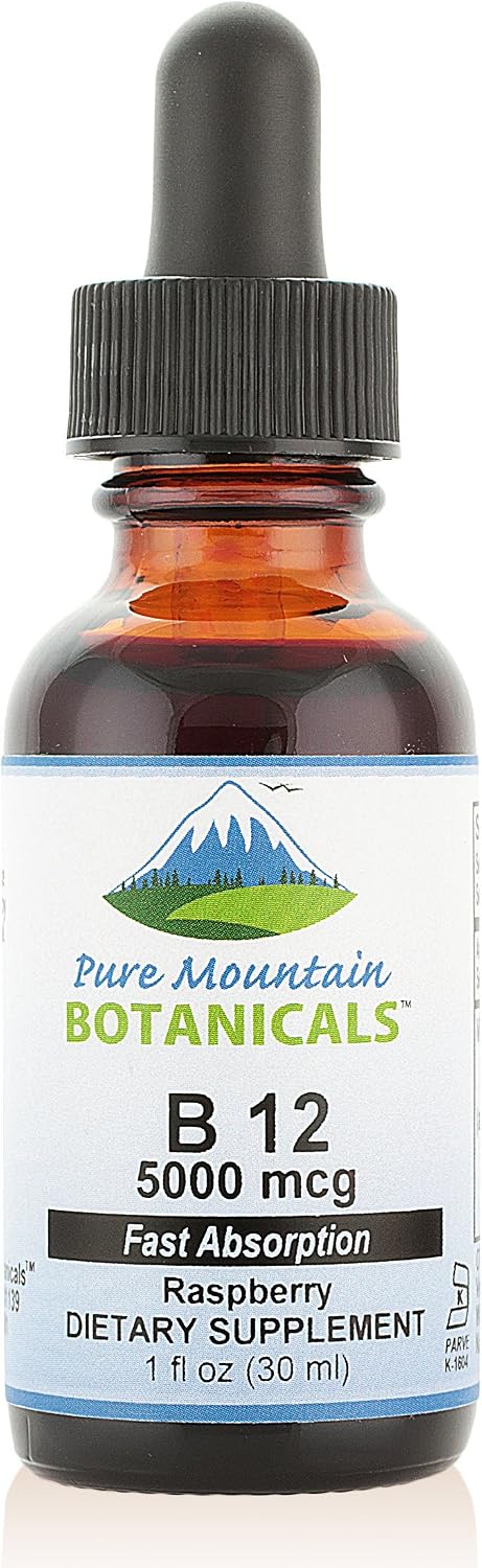 Pure Mountain Botanicals B12 5000 mcg Liquid Drops - Natural Berry Flavour - Vegan, Kosher B12 Supplement - görsel 1