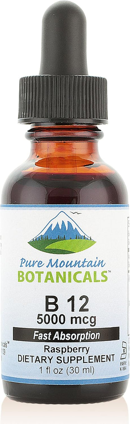 Pure Mountain Botanicals B12 5000 mcg Liquid Drops - Natural Berry Flavour - Vegan, Kosher B12 Supplement