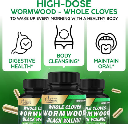 Cadane Wormwood Whole Cloves Black Walnut with Ginger, Garlic, Oregano, Fennel & Black Pepper – Digestive & Wellness Support – 120 Capsules (60-Day Supply)