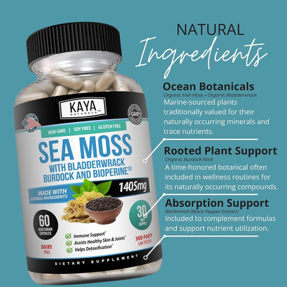 Kaya Naturals Sea Moss - Mobility Supplement with Burdock Root, Bladderwrack & BioPerine, 60 Capsules