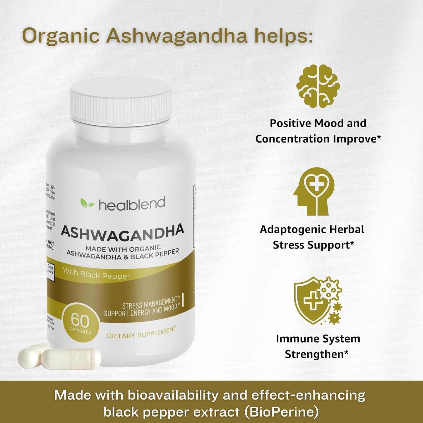 Organic Ashwagandha 1300mg with Black Pepper Extract - Mood and Energy Support Supplement - 60 Capsules - görsel 2