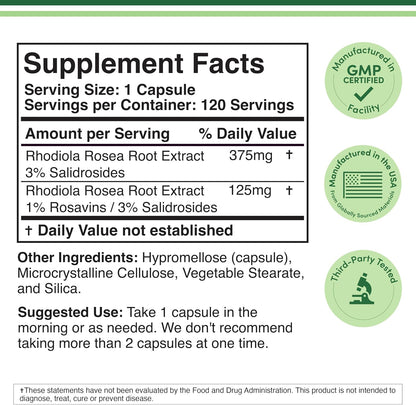 Rhodiola Rosea Food Supplement 500mg, 120 Vegan Capsules (3% Salidrosides, 1% Rosavins Extract) by Double Wood
