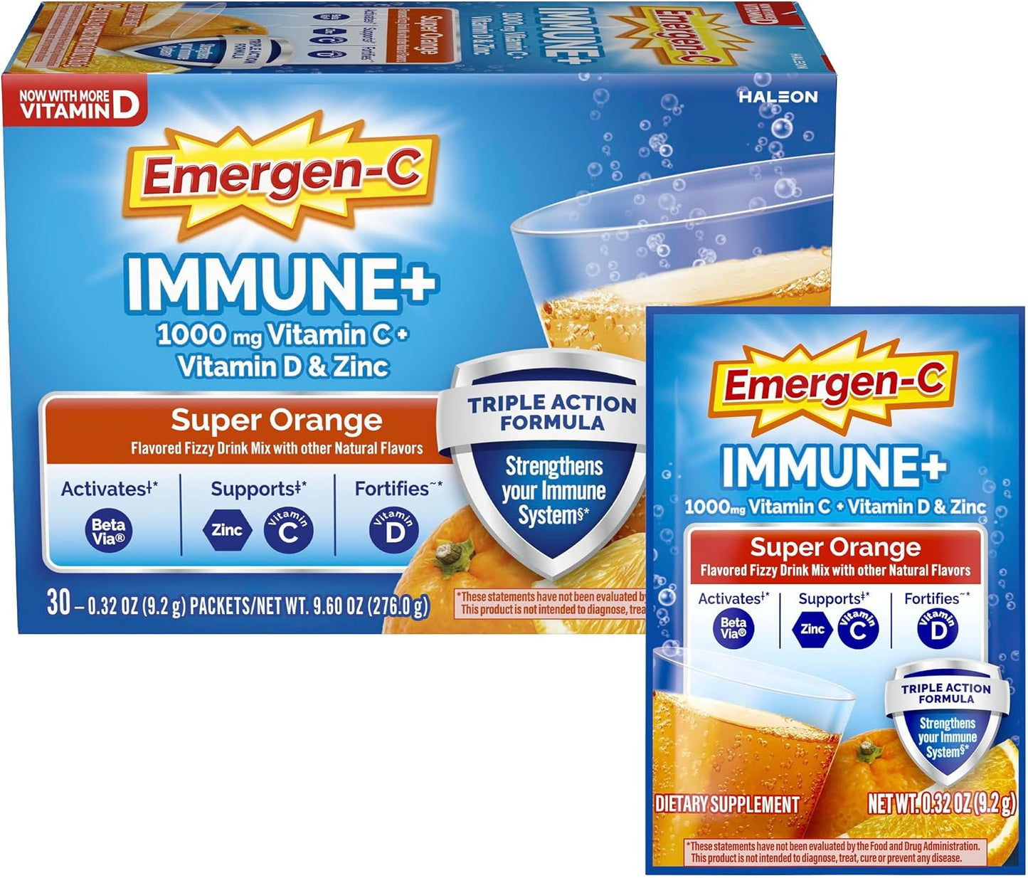Emergen-C Immune+ Triple Action Immune Support Powder, BetaVia®, 1000mg Vitamin C, B Vitamins, Vitamin D and Antioxidants, Super Orange – 30 Count - görsel 1