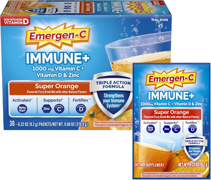 Emergen-C Immune+ Triple Action Immune Support Powder, BetaVia®, 1000mg Vitamin C, B Vitamins, Vitamin D and Antioxidants, Super Orange – 30 Count