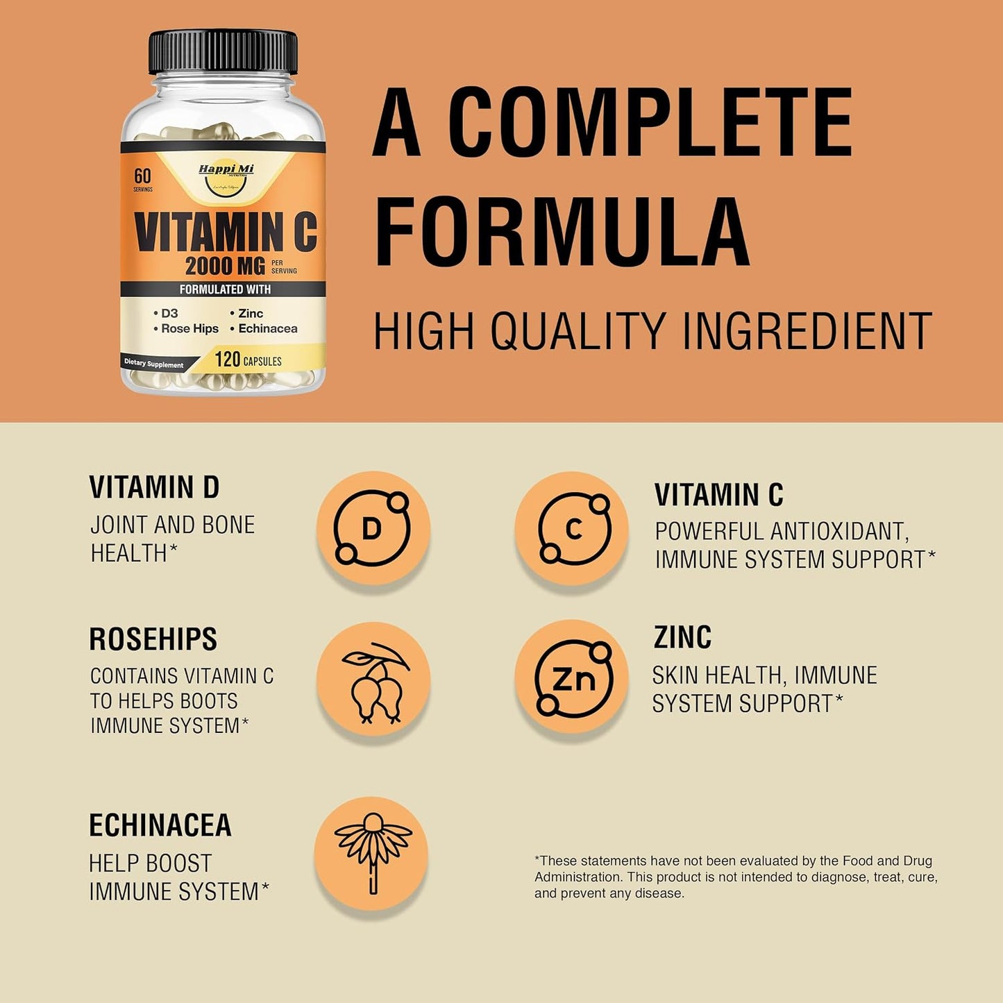 Vitamin C 2000mg per Serving with Zinc 40mg & Vitamin D3 5000 IU – Echinacea Extract & Rose Hip – 120 Vegan Capsules, 60 Day Supply, Non-GMO, No Fillers - görsel 4