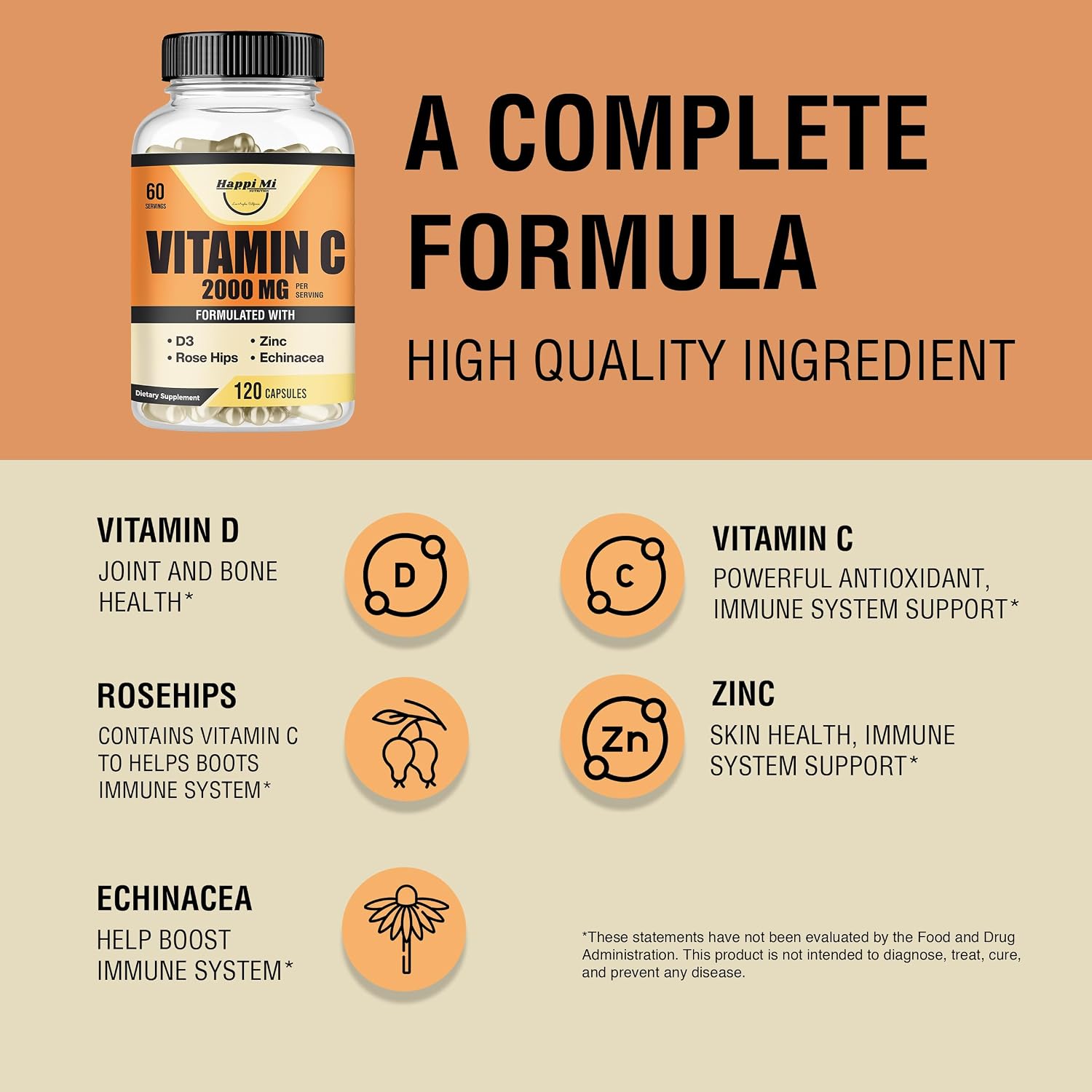 Vitamin C 2000mg per Serving with Zinc 40mg & Vitamin D3 5000 IU – Echinacea Extract & Rose Hip – 120 Vegan Capsules, 60 Day Supply, Non-GMO, No Fillers - görsel 4