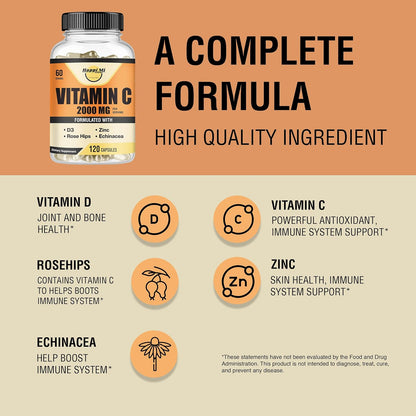 Vitamin C 2000mg per Serving with Zinc 40mg & Vitamin D3 5000 IU – Echinacea Extract & Rose Hip – 120 Vegan Capsules, 60 Day Supply, Non-GMO, No Fillers