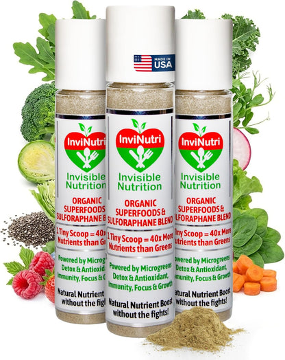 InviNutri Superfood Powder – 40x Nutrient-Rich Organic Microgreens & Fruits | 30mg Sulforaphane | Invisible Blending for Fussy Eaters