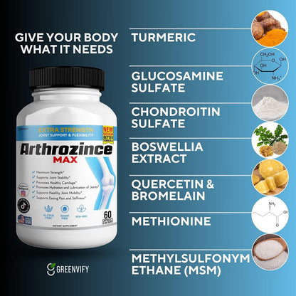 Arthrozince Max Extra Strength Joint Support – Glucosamine, Chondroitin, MSM, Boswellia, Turmeric – For Flexibility, Mobility & Comfort – 60 Capsules