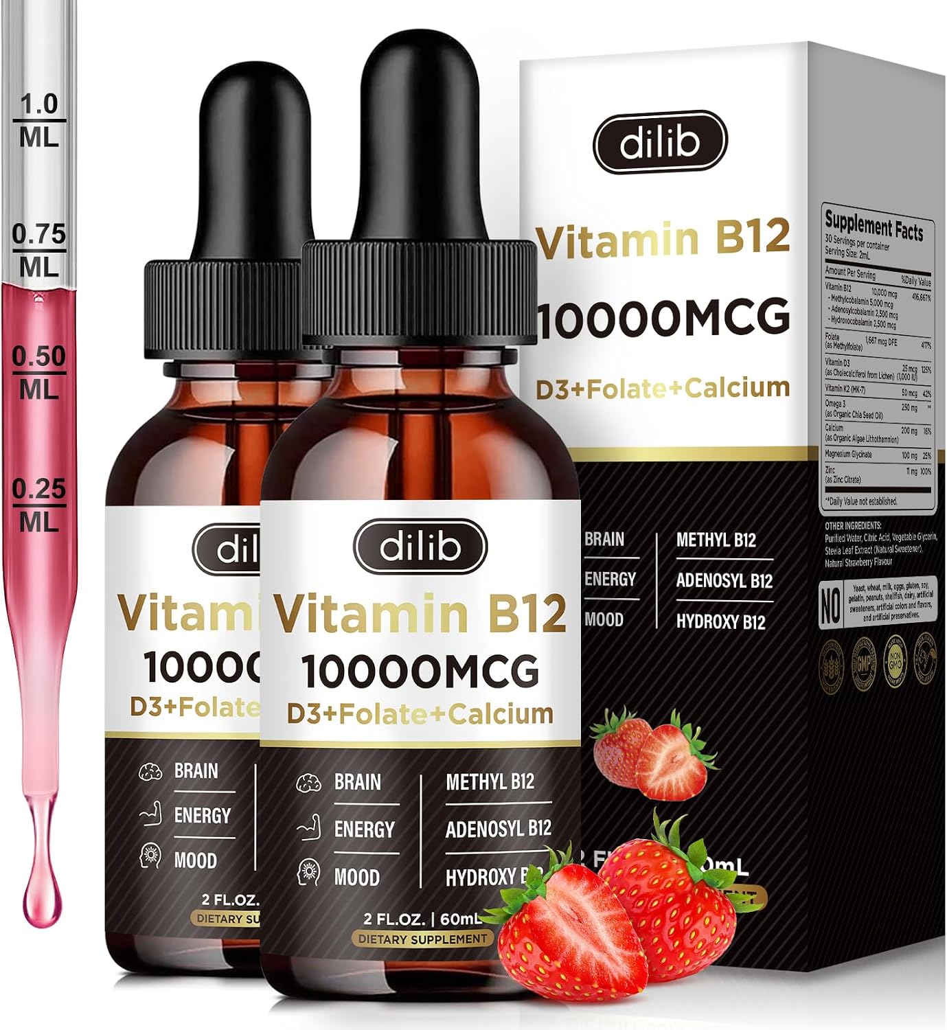 Vitamin B12 Liquid Drops Sublingual 10000 mcg - Triple B12 Complex for Energy and Nerve Support, 2 Pack - görsel 1