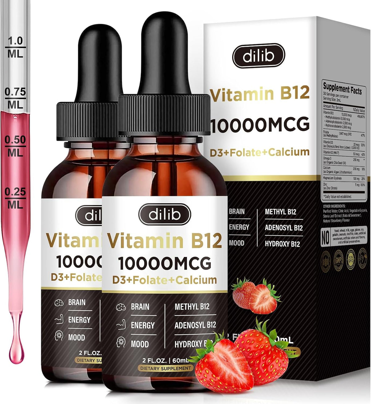 Vitamin B12 Liquid Drops Sublingual 10000 mcg - Triple B12 Complex for Energy and Nerve Support, 2 Pack - görsel 1