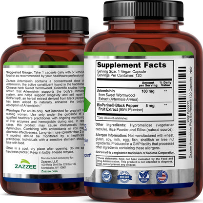 Zazzee High Absorption Artemisinin – 100 mg per Capsule with BioPerine, 120 Vegan Capsules
