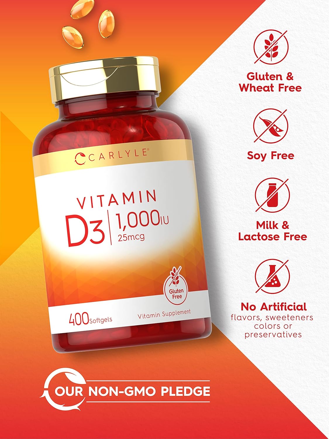 Carlyle Vitamin D3 1000 IU | 25 mcg | 400 Softgels | High Potency | Non-GM & Gluten-free Supplement - görsel 4