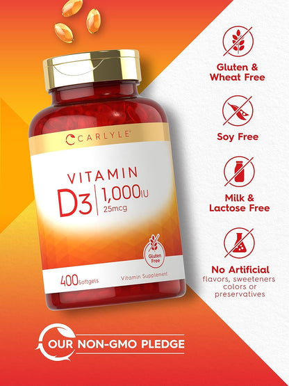 Carlyle Vitamin D3 1000 IU | 25 mcg | 400 Softgels | High Potency | Non-GM & Gluten-free Supplement