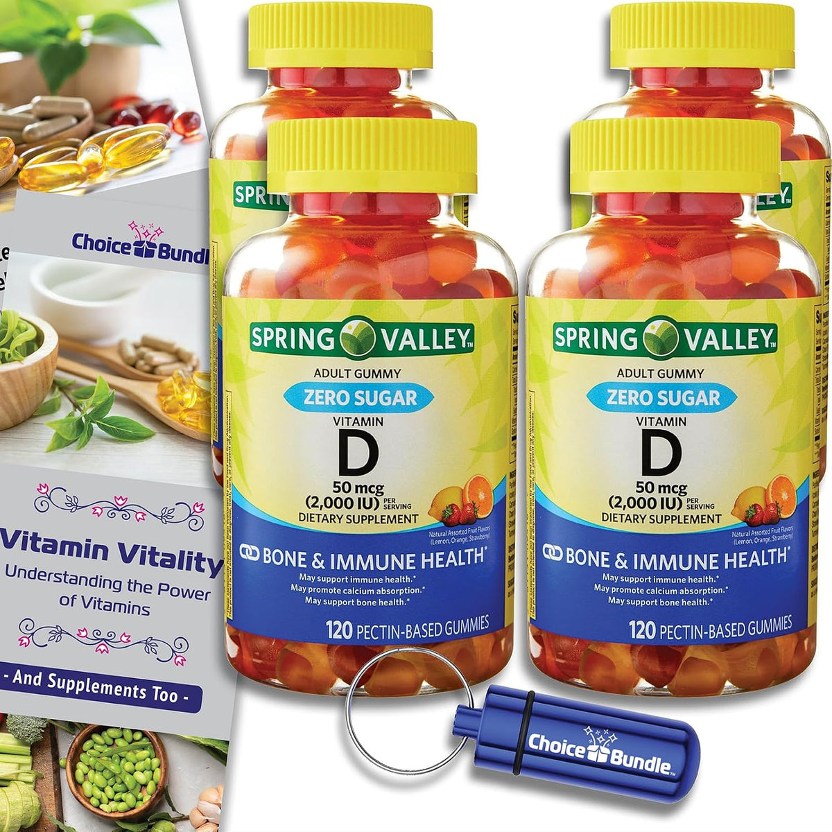 Spring Valley Zero Sugar Vitamin D Gummies Bundle - 4 Pack (480 Gummies) with Guide and Pill Container - görsel 1