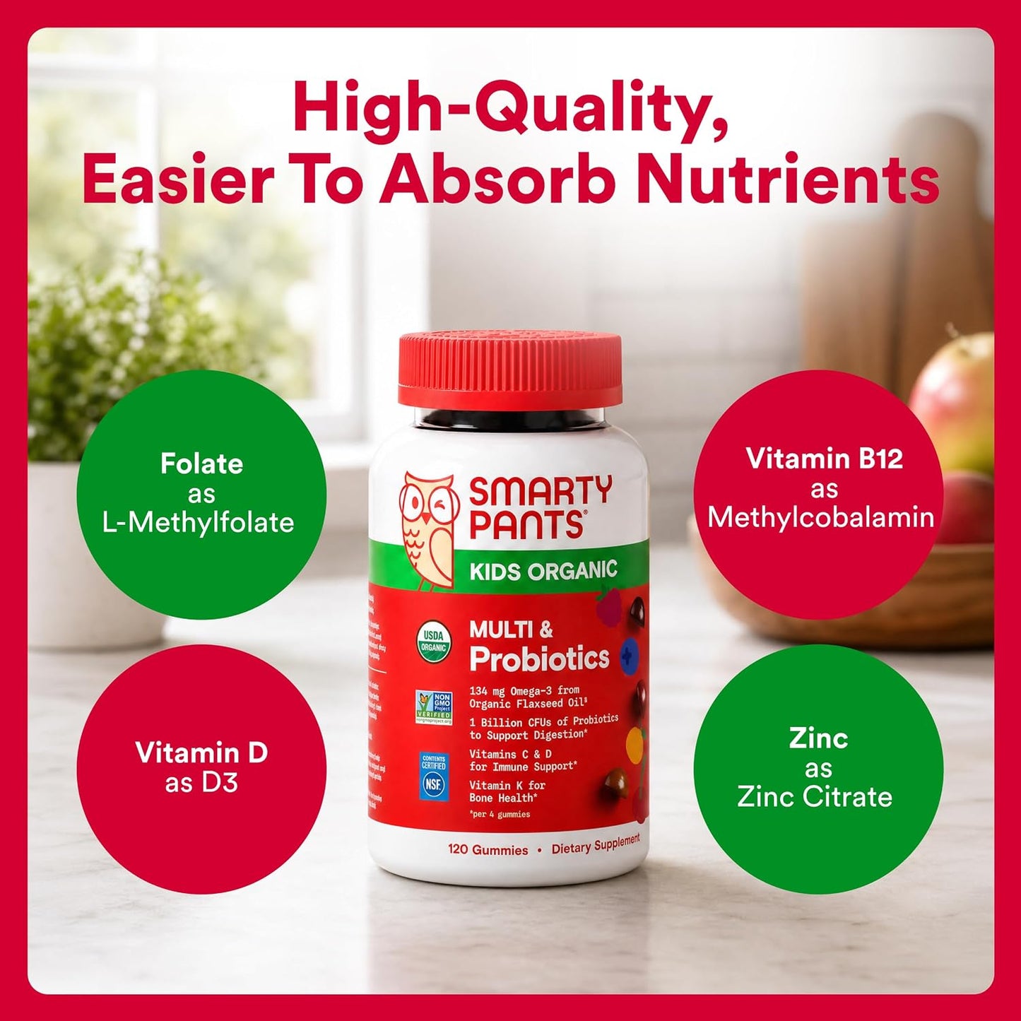 SmartyPants Organic Kids Multivitamin Gummies - 16 Nutrients + Probiotics - 120 Gummies - görsel 5
