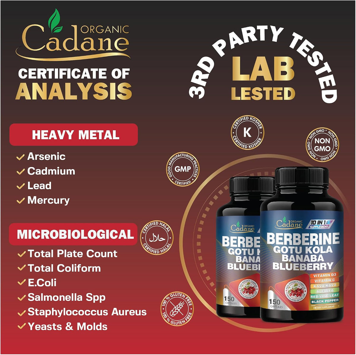 Cadane Premium Berberine Extract - 10-in-1 Supplement with Gotu Kola, Banaba Leaf, Vitamins D3 & C - 150 Vegetable Capsules for Immune and Digestive Support - görsel 7